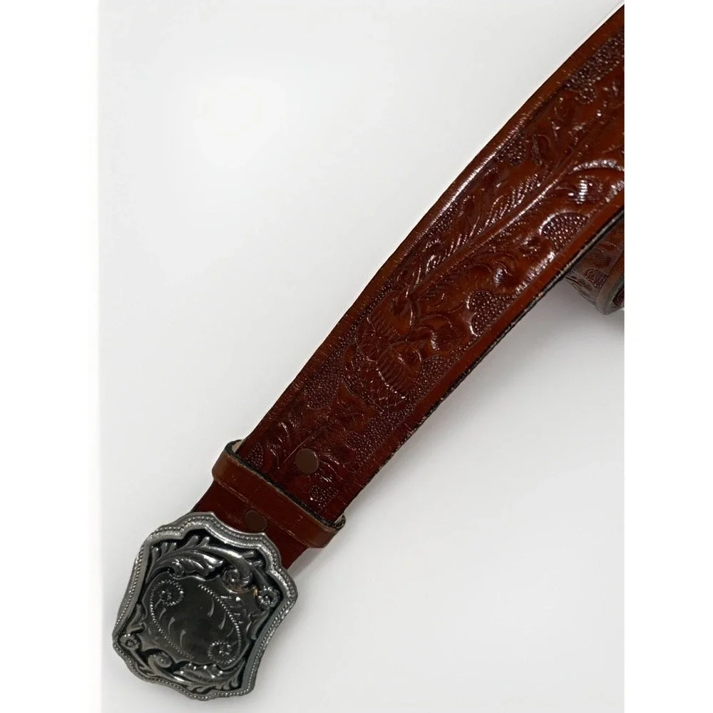 Tony Lama Brown Tooled Leather Western Belt Silver Ornate Buckle 11554‎ Mens 42